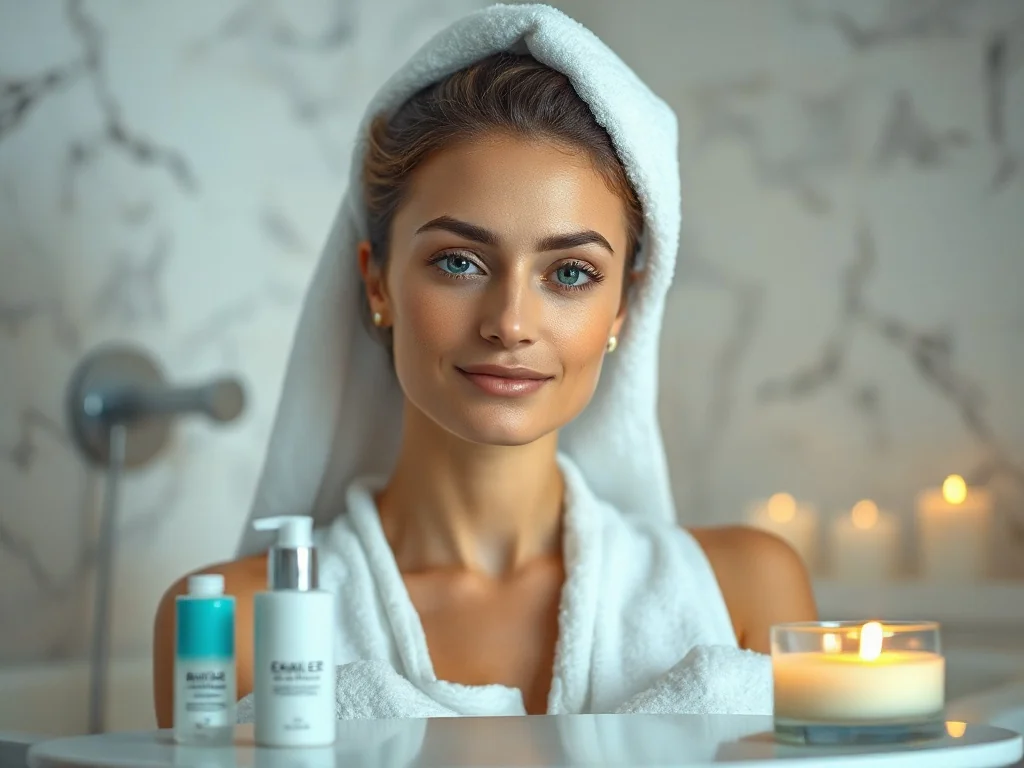 Kobieta w ręczniku relaksuje się w parującej łazience, obok której stoją kosmetyki i świeca, tworząc atmosferę domowego spa.