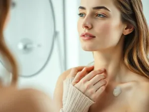 Kobieta w ręczniku relaksuje się w parującej łazience, obok której stoją kosmetyki i świeca, tworząc atmosferę domowego spa.